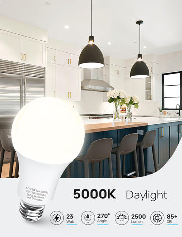 KINDEEP A21 LED bulb with 270-degree beam reduces shadows in stores and garages.