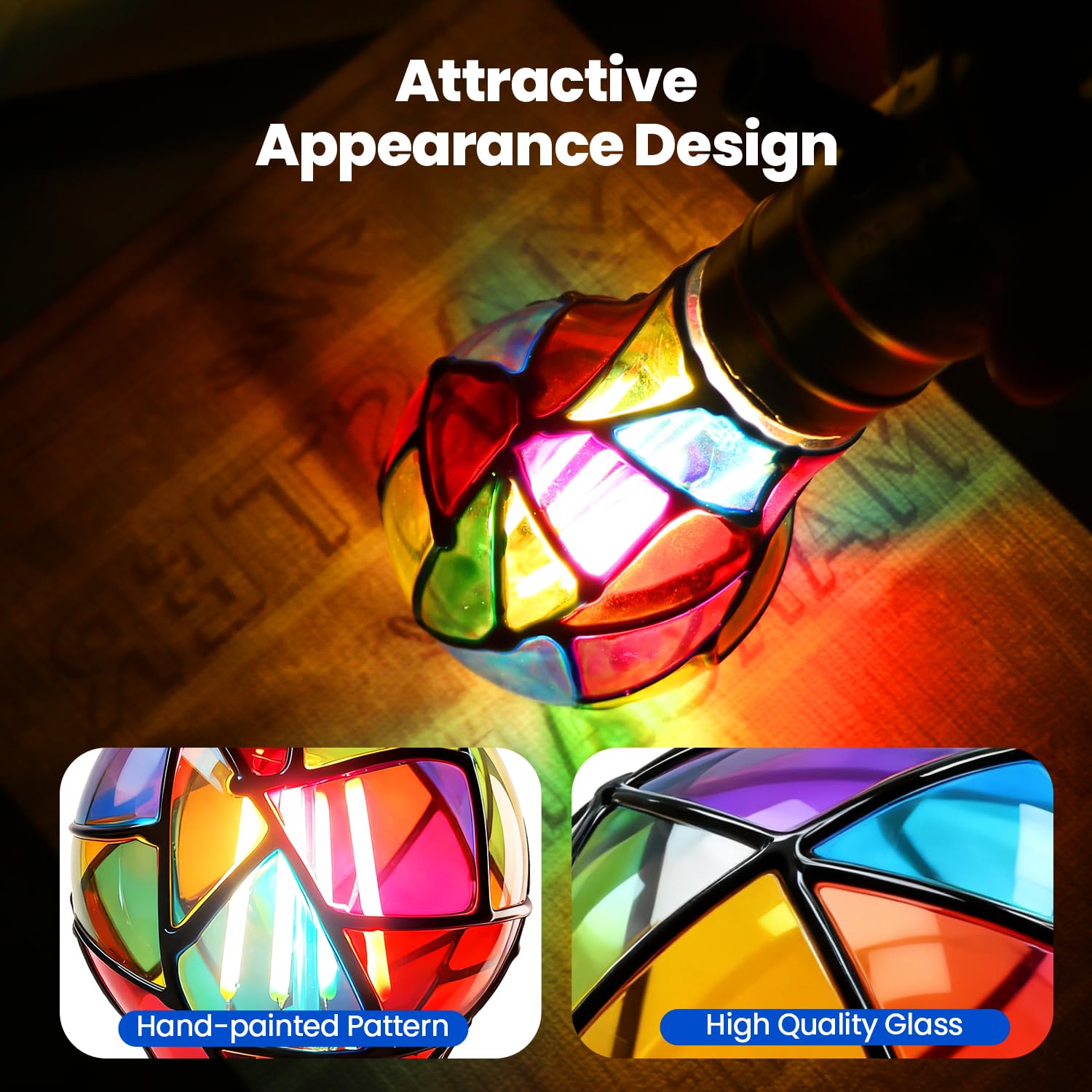 KINDEEP LED A19 bulb emits warm 2700K glow through hand-painted glass