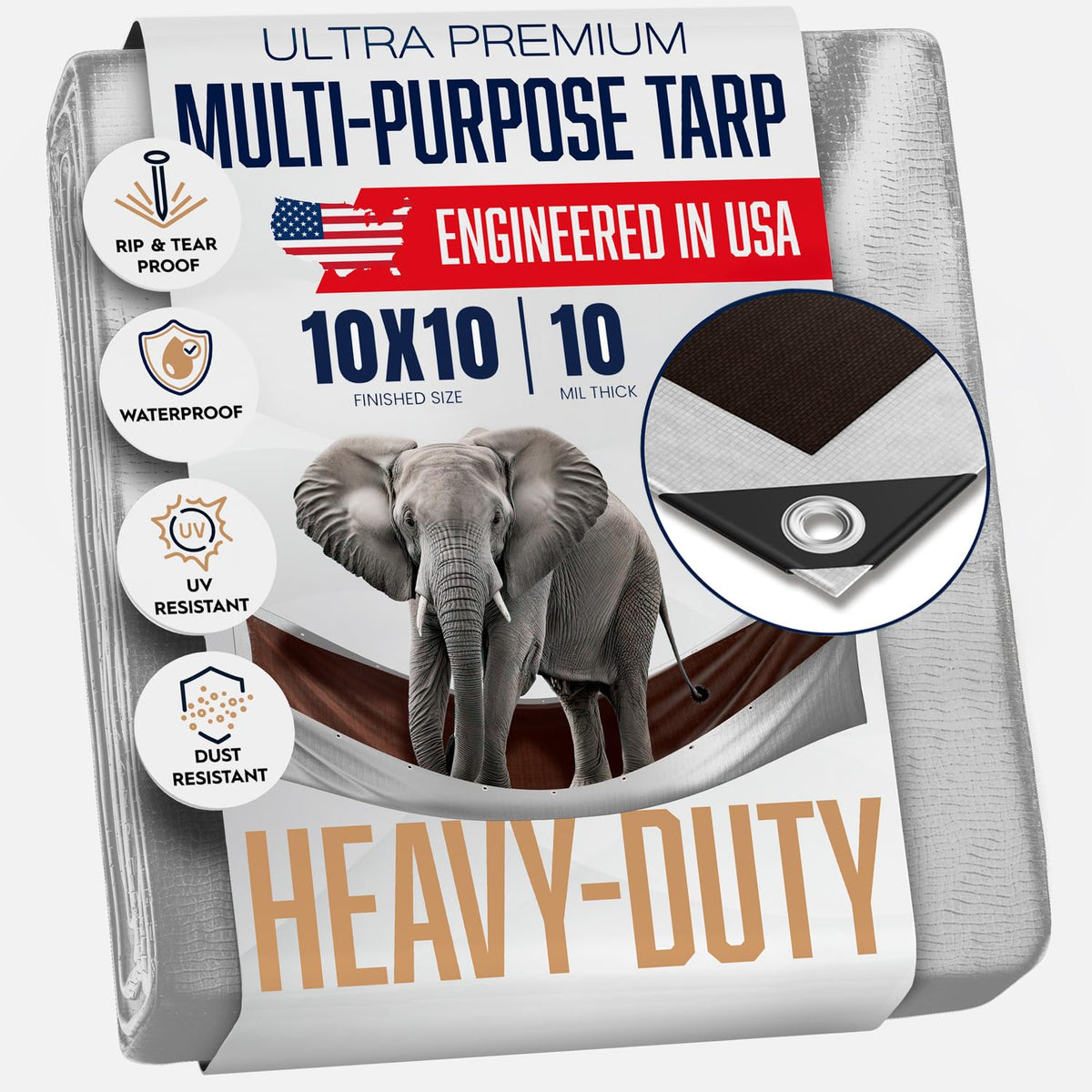 King-A-Ma-Jigs 10x10 heavy-duty tarp protects gear from rain and debris.
