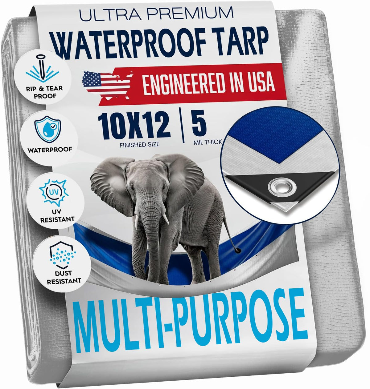King-A-Ma-Jigs 10x12 tarp blue and silver for versatile outdoor coverage and ground protection.
