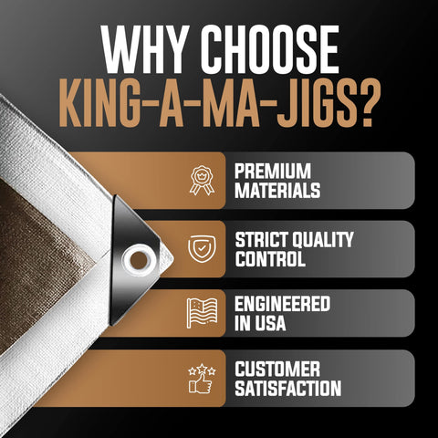 KING-A-MA-JIGS tarp silver-brown reversible color showcases versatile outdoor use.