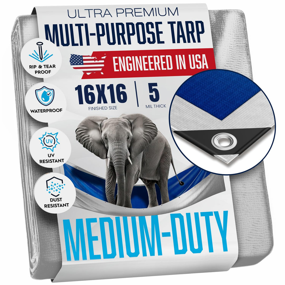 KING-A-MA-JIGS 16x16 tarp provides waterproof coverage for outdoor shelter setups.