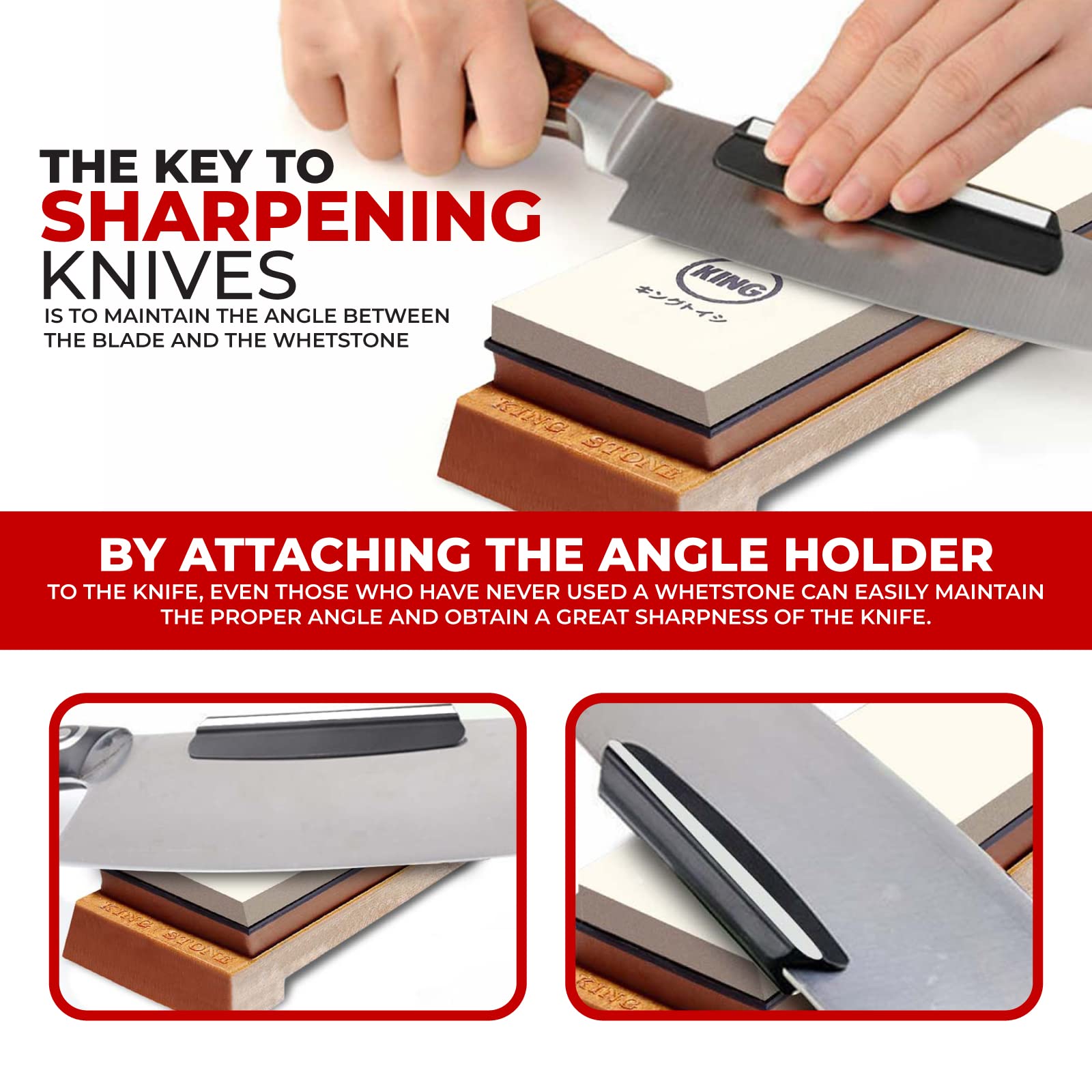 KING Angle Holder attached to blade spine for easy, consistent sharpening angles.