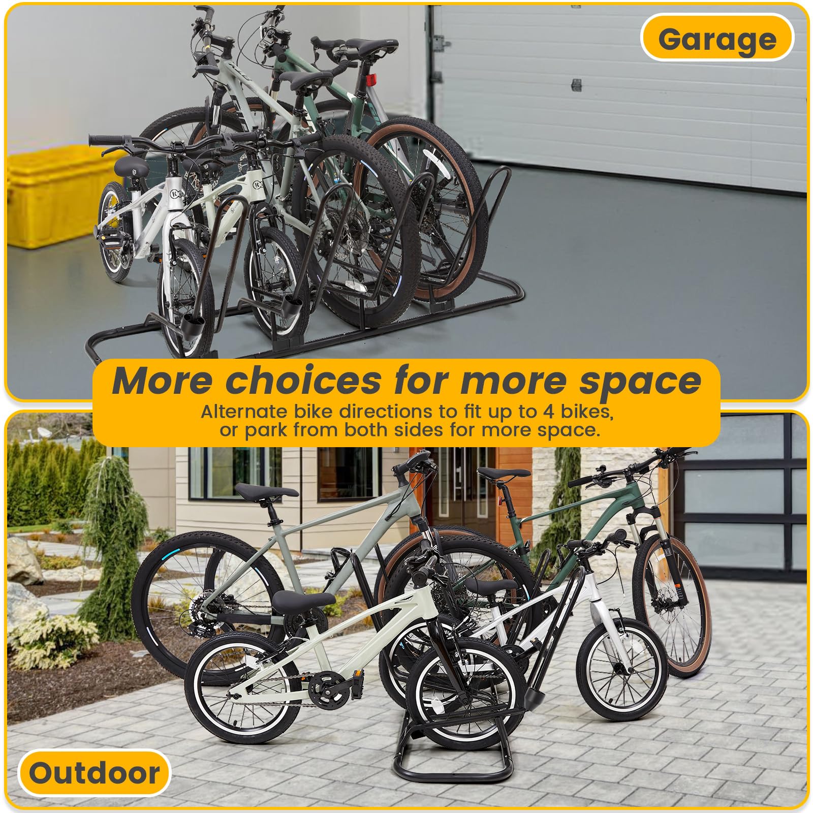Kingarage four-bike rack adjustable-buckles detail supports multiple bike types.