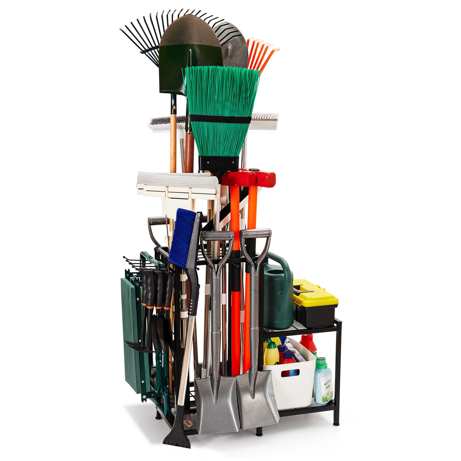 Kingarage garden tool organizer with 2-tier shelves for tidy tool storage.
