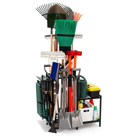 Kingarage garden tool organizer with 2-tier shelves for tidy tool storage.