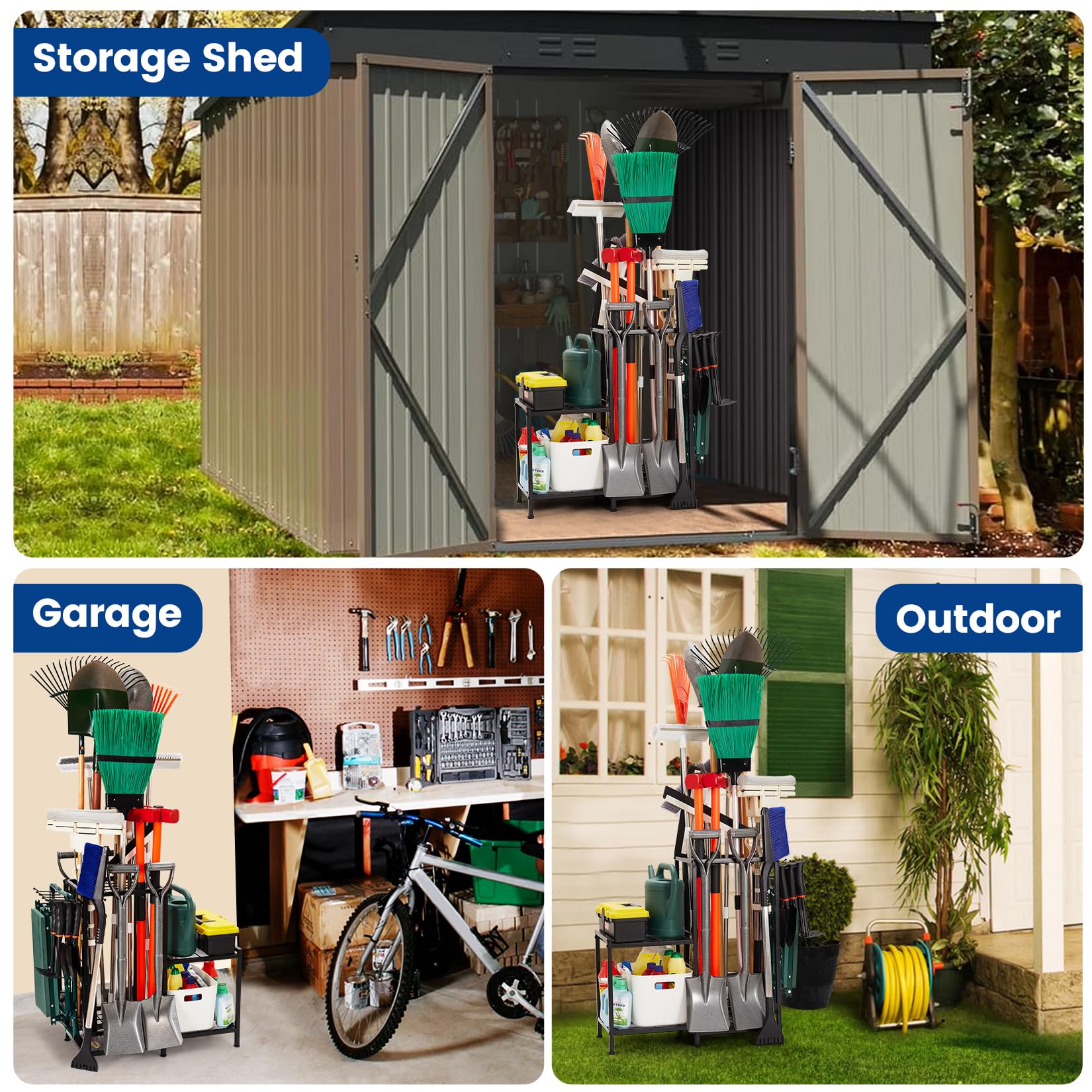 Kingarage holds up to 50 long-handled tools for efficient yard organization.