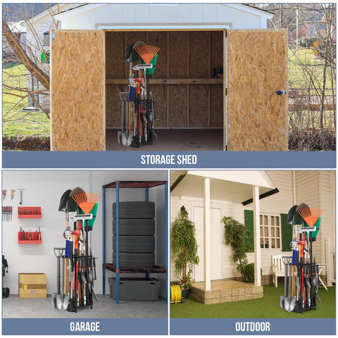 Kingarage side-hooks storage for D-handle tools and small garden tools.