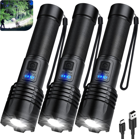 KINGCAESAR 3-pack flashlights deliver up to 90,000 lumens for bright outdoor visibility.