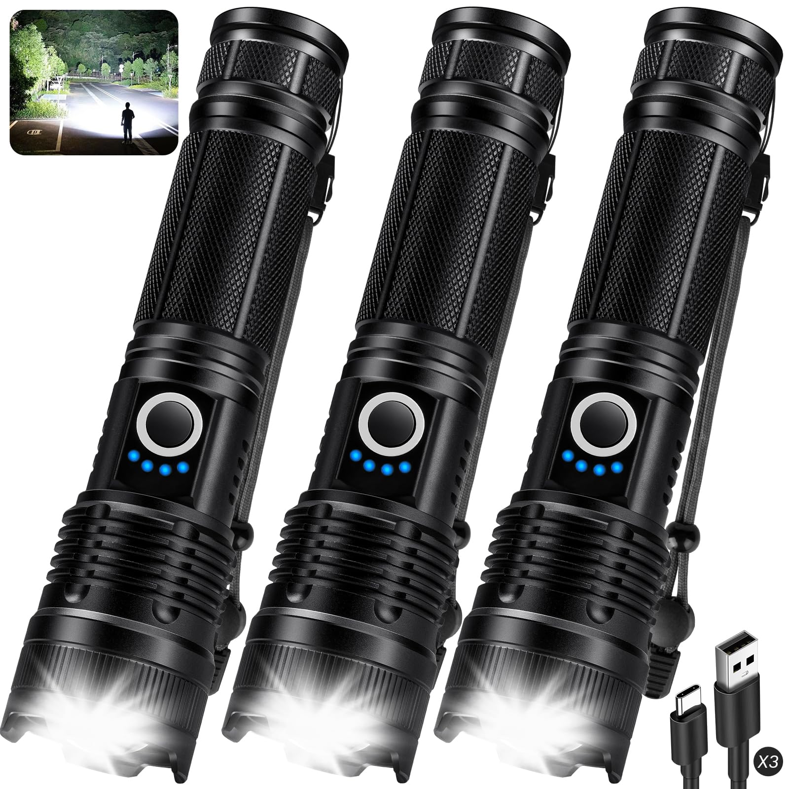 KINGCAESAR 3-pack flashlights front view showing compact design for home and outdoor use