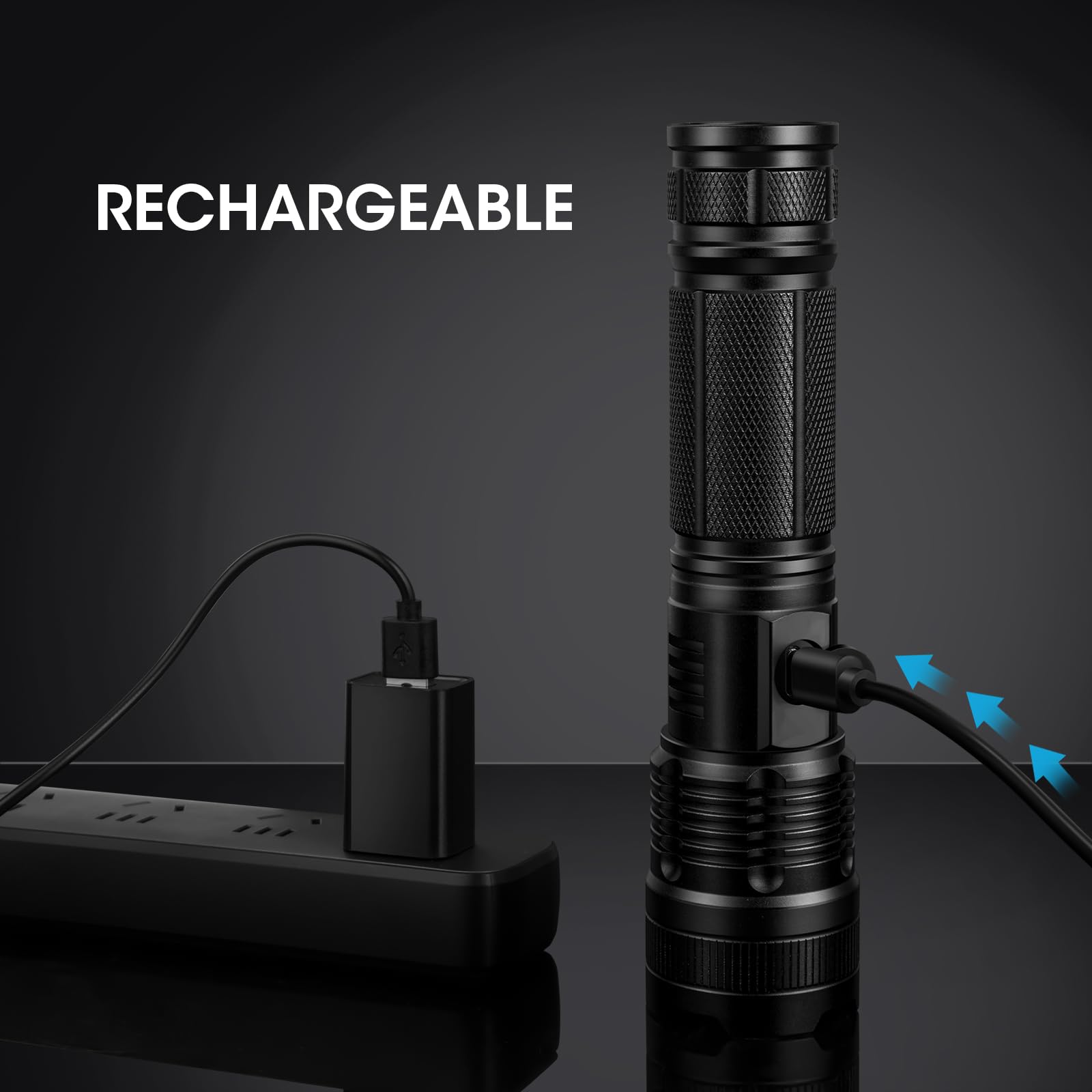 KINGCAESAR flashlight recharge port demonstrating fast charging for quick outdoor readiness