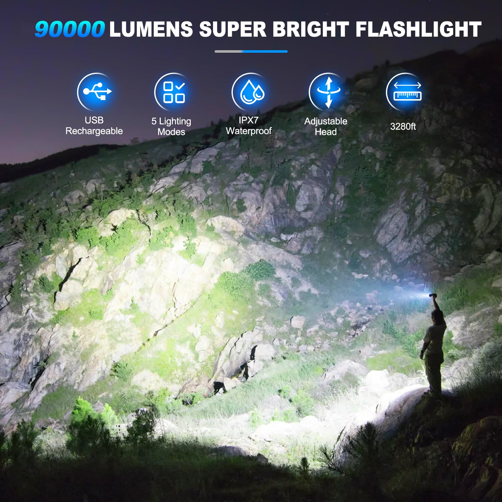KINGCAESAR flashlight with rechargeable 5000 mAh battery and charging options