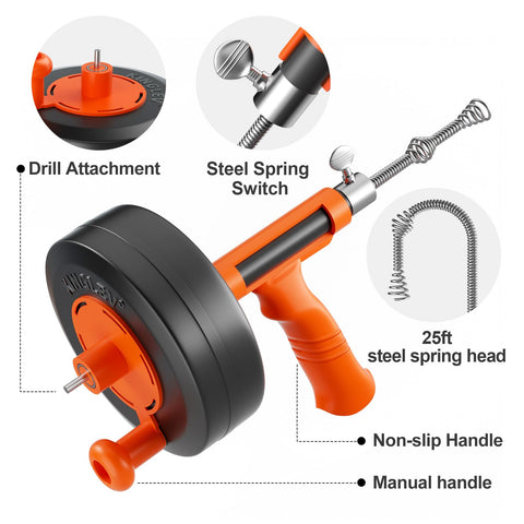 Kinglev drain snake 25ft shown with hand knob for manual use.