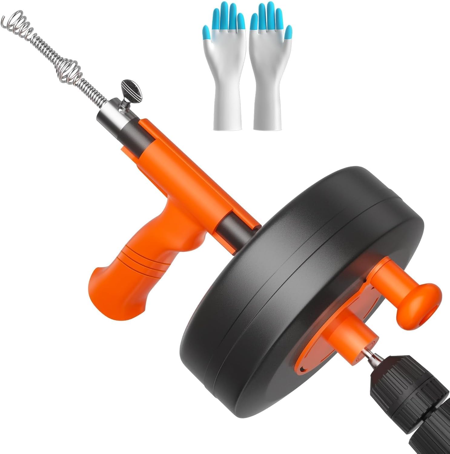 KINGLEV Drain Snake 50ft spool extends reach to stubborn bathroom and kitchen clogs.