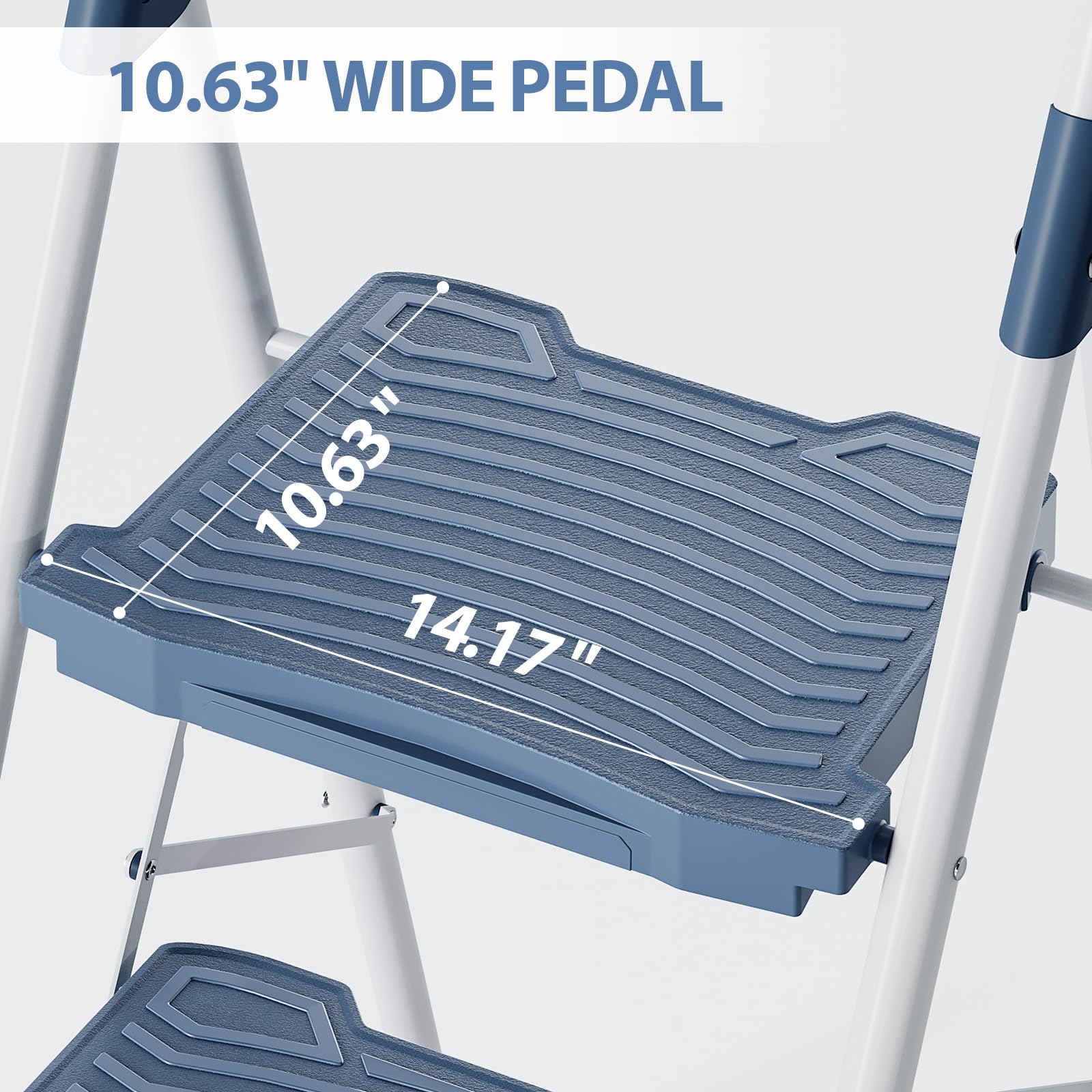 KINGRACK 3-step ladder blue handrail close-up highlights secure grip.