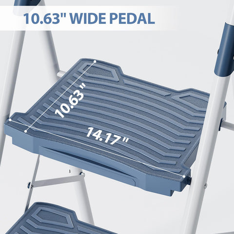 KINGRACK 3-step ladder blue handrail close-up highlights secure grip.