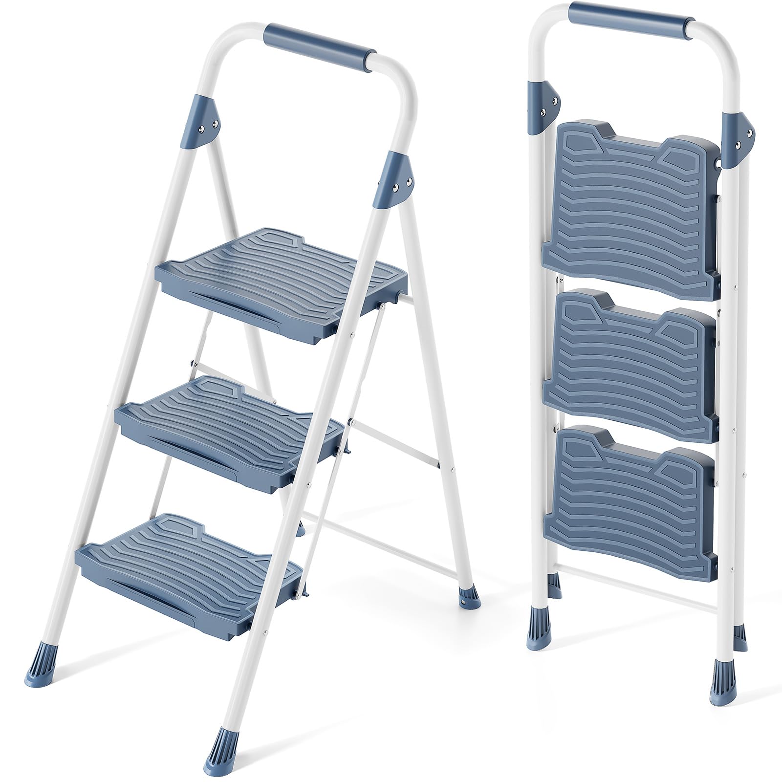 KINGRACK 3-step ladder blue side view shows a sturdy steel frame for safe reaching.