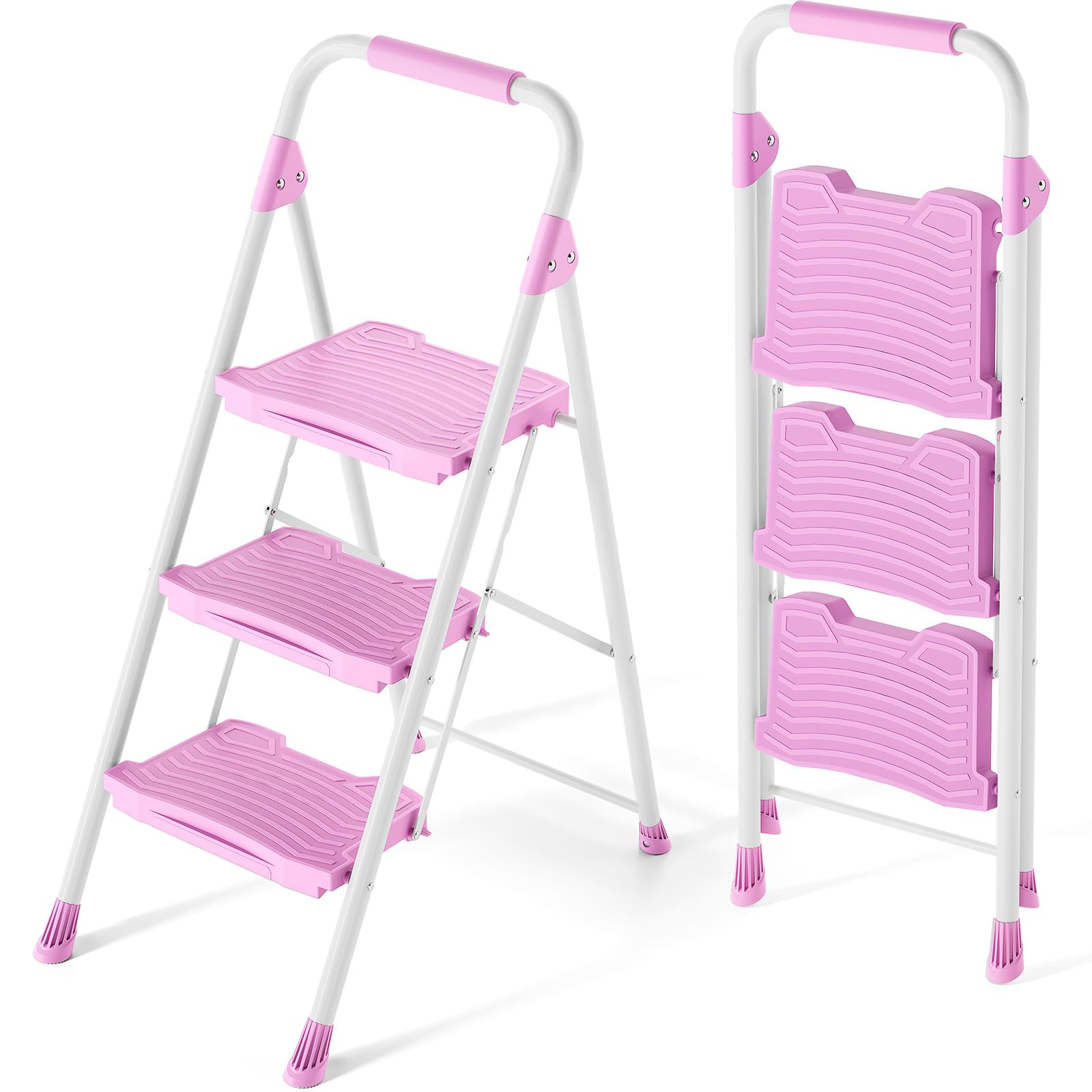 KINGRACK 3-step pink ladder front view with sturdy construction for easy reach
