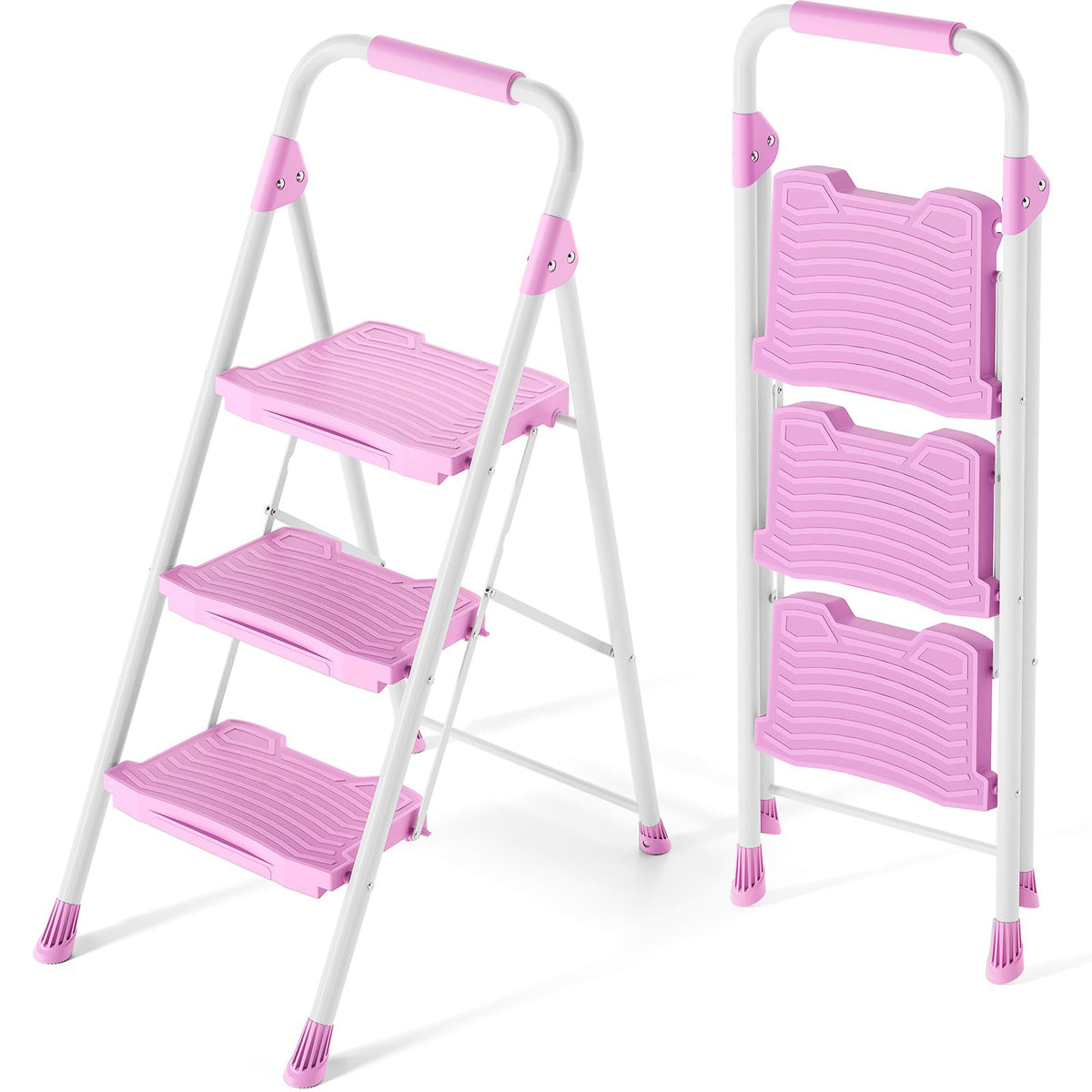 KINGRACK 3-step pink ladder front view with sturdy construction for easy reach