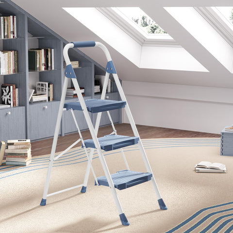 KINGRACK 3-step ladder steel frame demonstrates triangular safety stability.