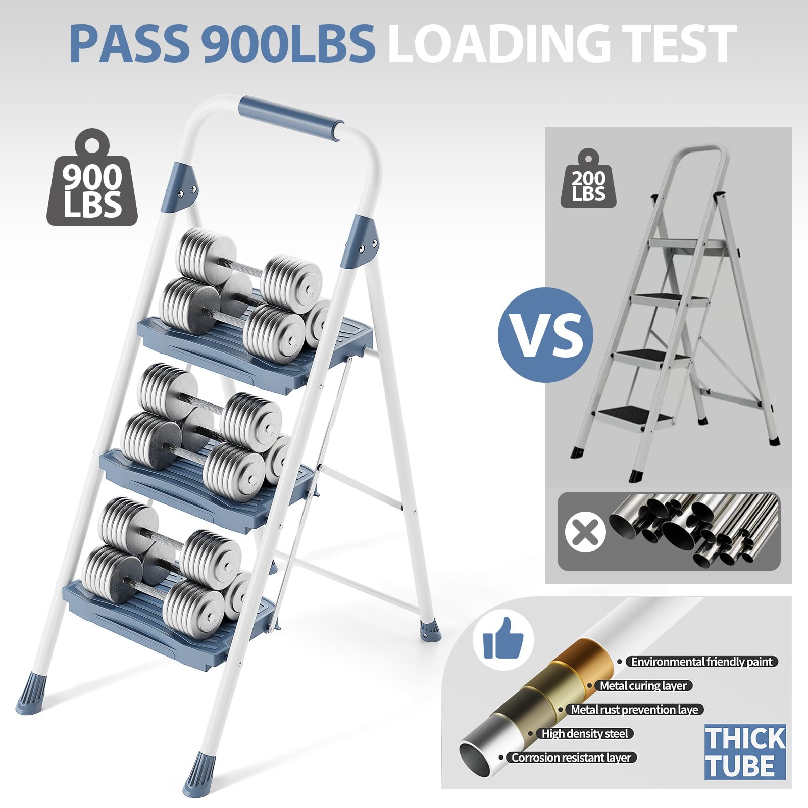 KINGRACK 3-step ladder blue wide anti-slip pedals for stable footing.