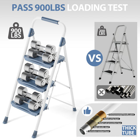 KINGRACK 3-step ladder blue wide anti-slip pedals for stable footing.