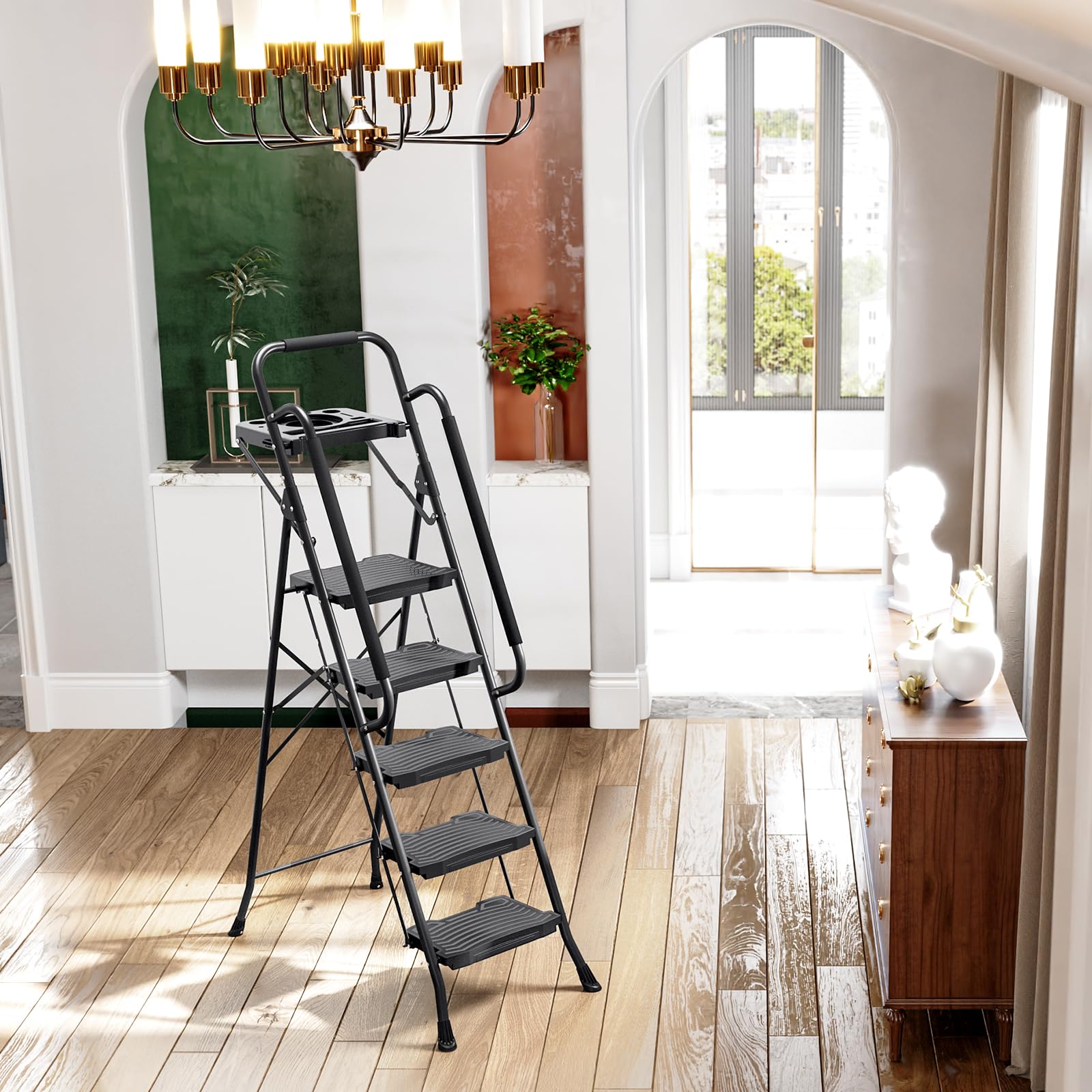 Kingrack 5-step ladder supports 900 lbs capacity for heavy tasks.
