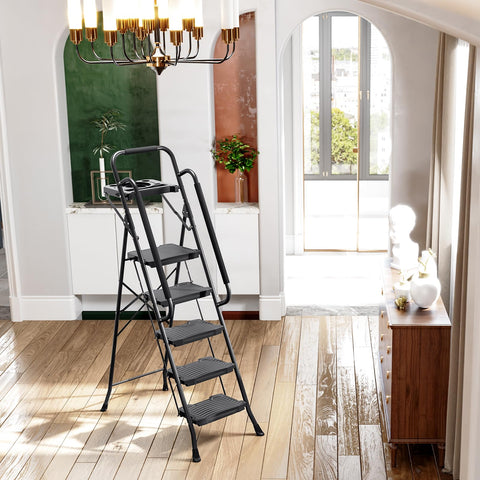 Kingrack 5-step ladder supports 900 lbs capacity for heavy tasks.