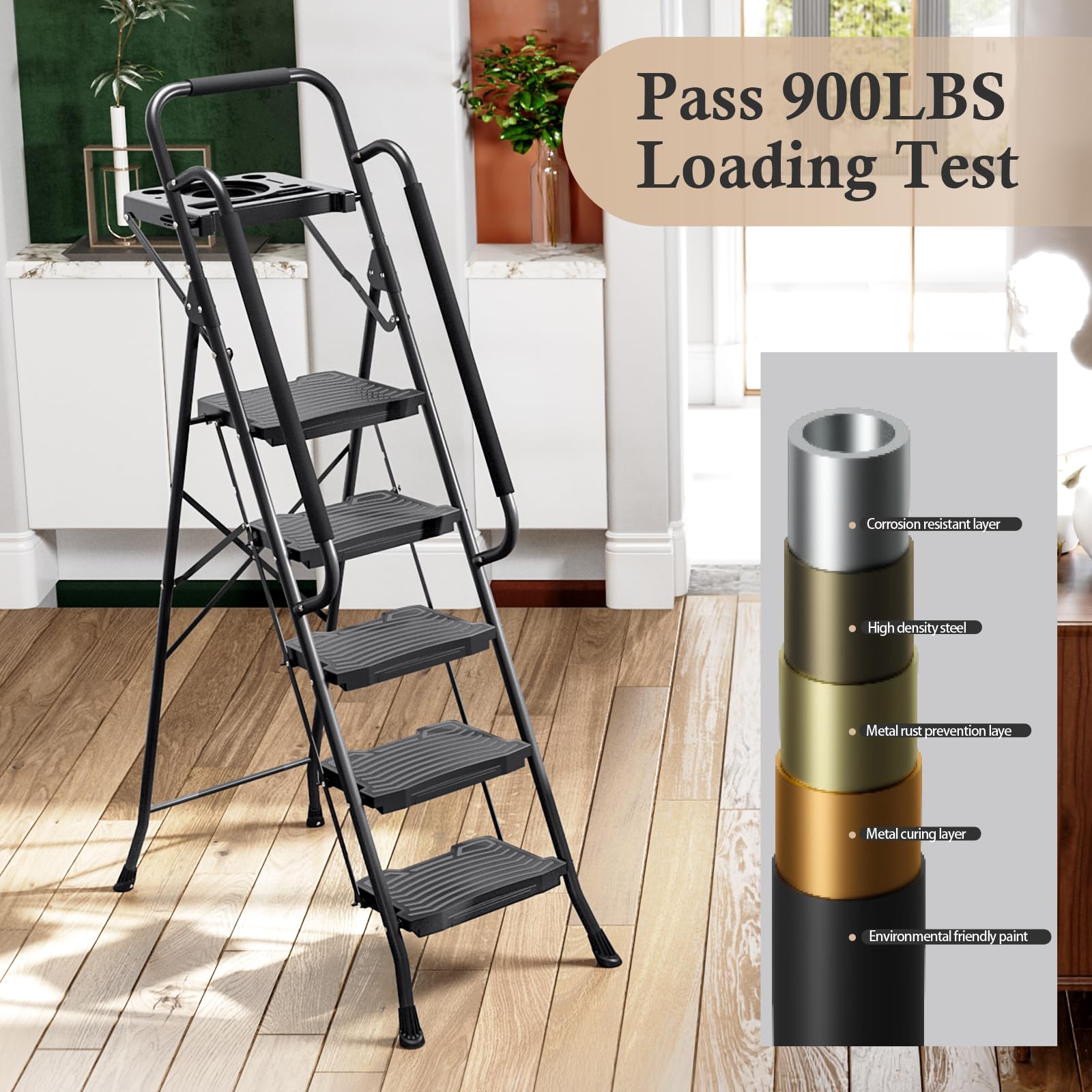 Kingrack 5-step ladder folds for compact wall storage.