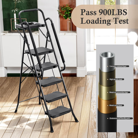 Kingrack 5-step ladder folds for compact wall storage.