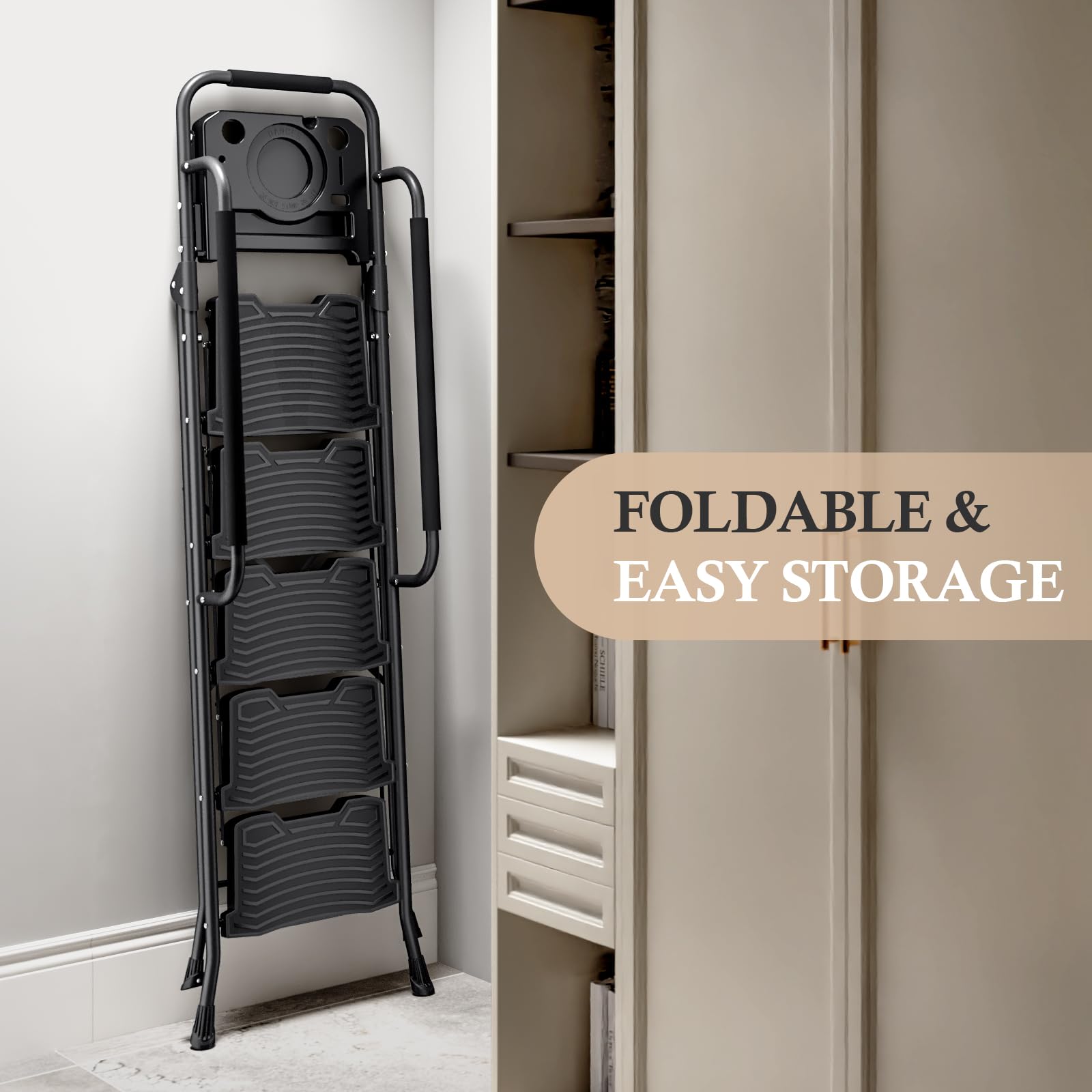 Kingrack 5-step ladder open dimensions show roomy top standing area.