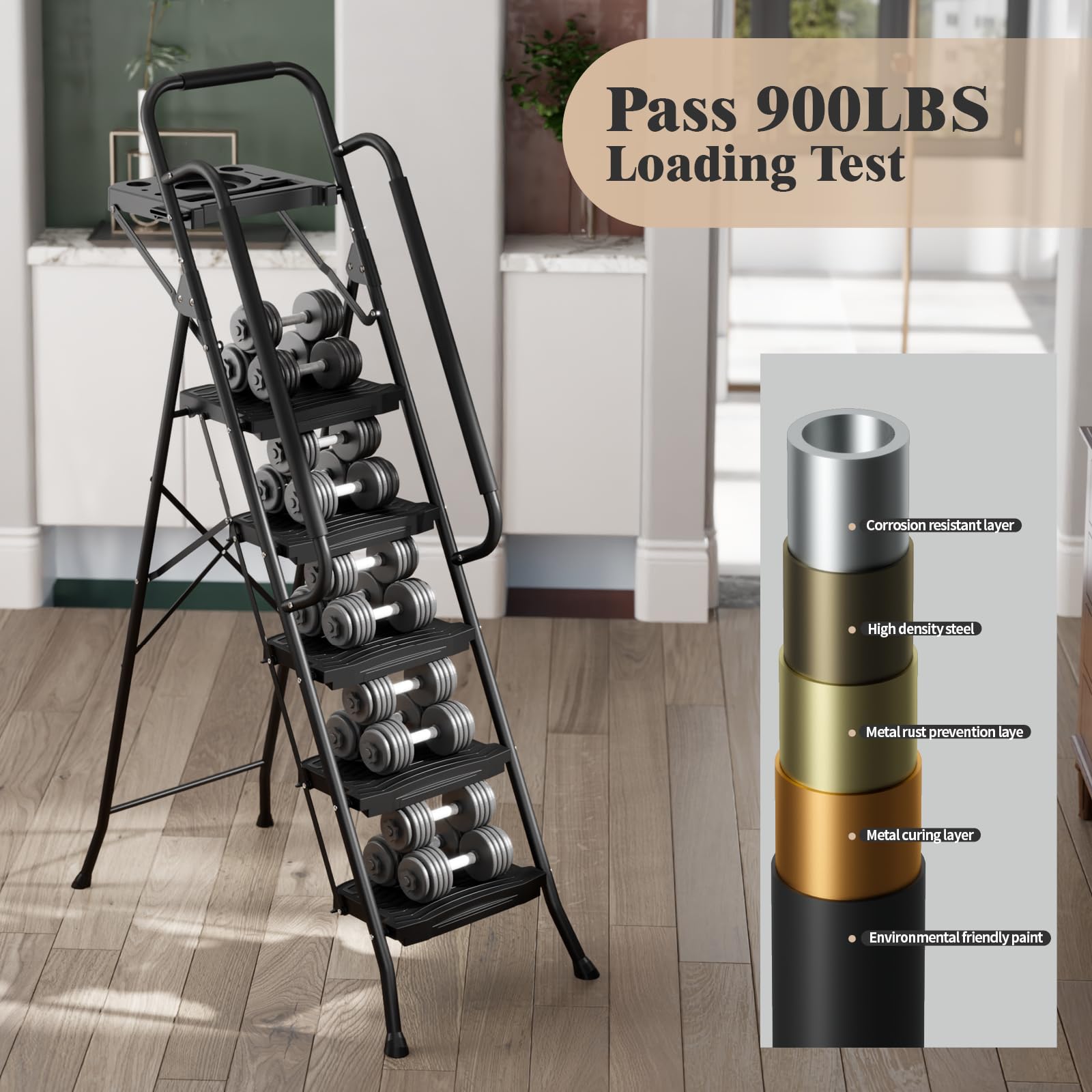Kingrack 5-step ladder features durable steel construction for daily use.