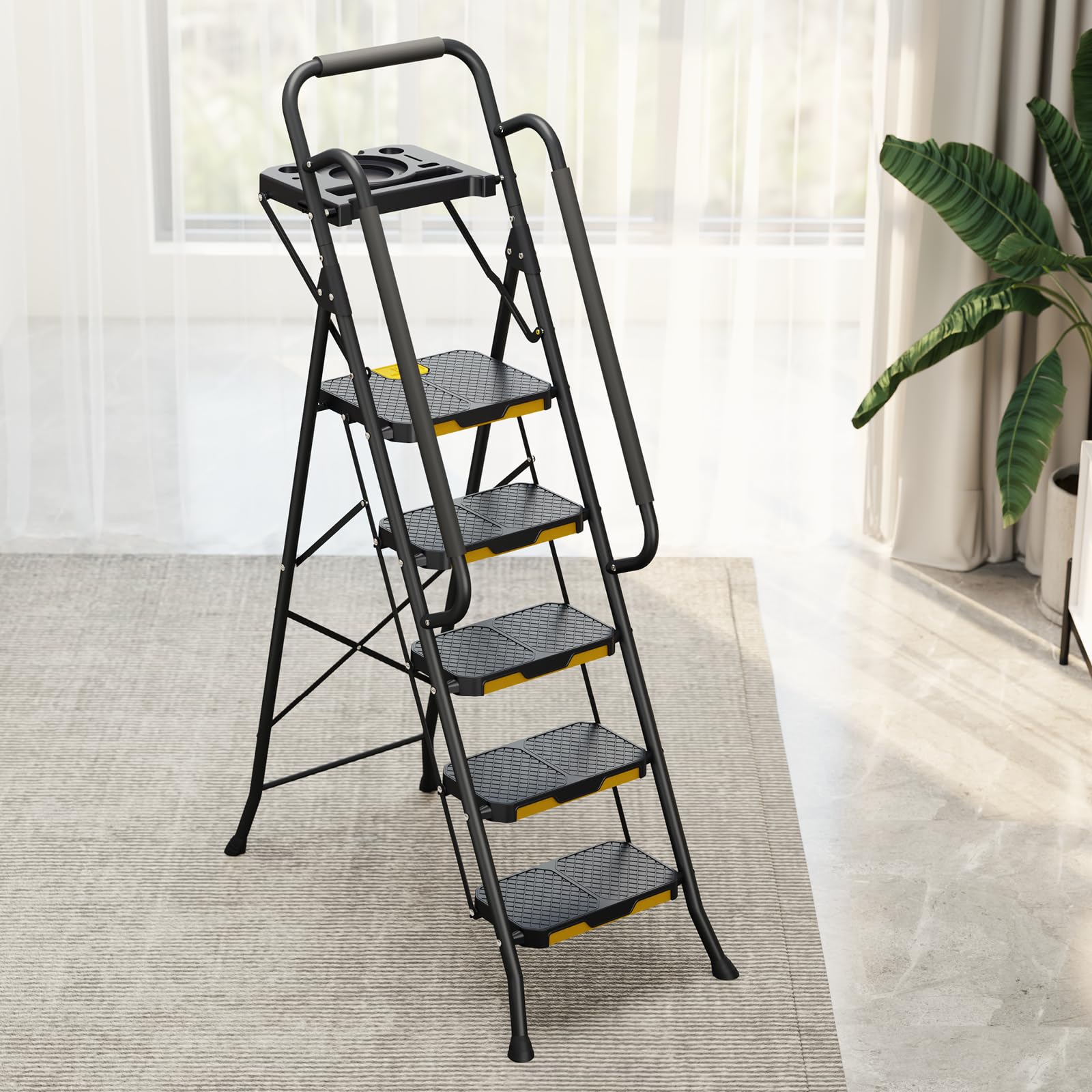 KINGRACK ladder opens to generous dimensions for reaching ceiling heights safely.
