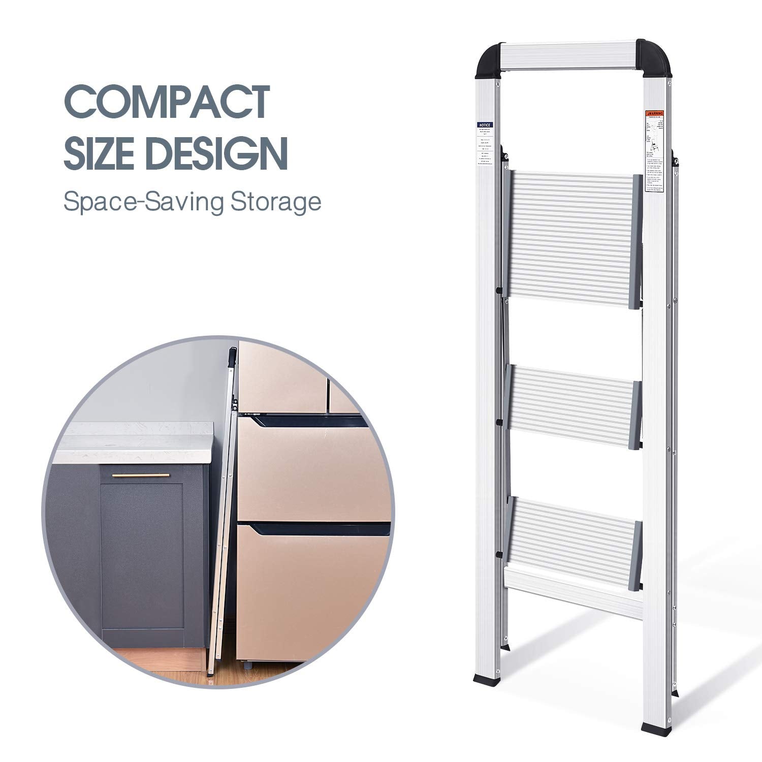 KINGRACK aluminium 3-step ladder front view shows lightweight, sturdy build for easy reach.