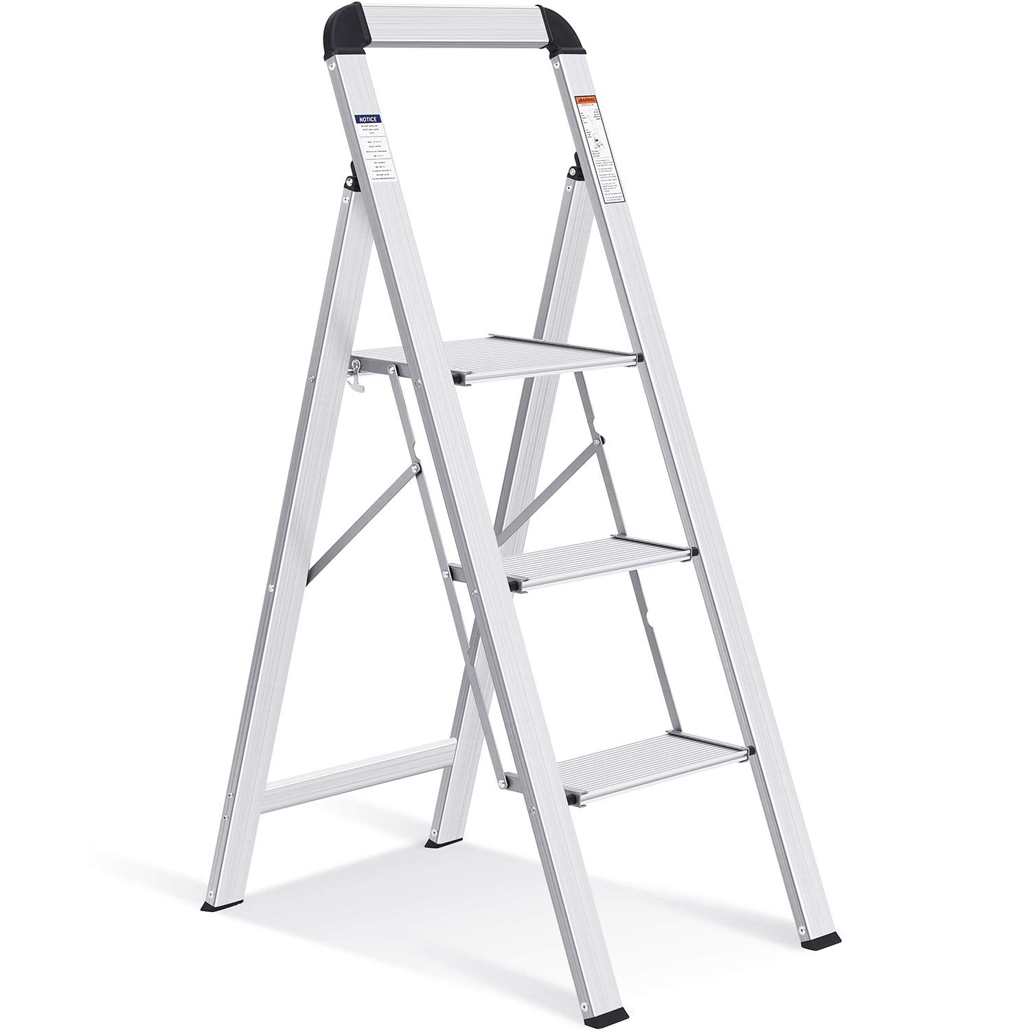 KINGRACK aluminium 3-step ladder side view highlights compact profile for tight spaces.