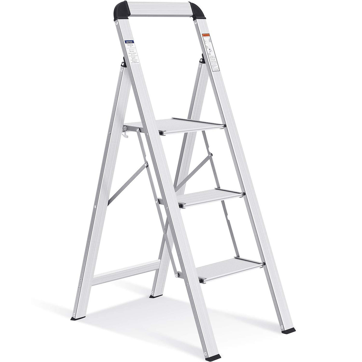 KINGRACK aluminium 3-step ladder side view highlights compact profile for tight spaces.
