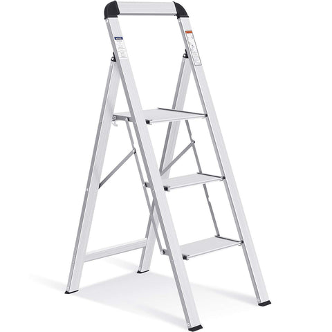 KINGRACK aluminium 3-step ladder side view highlights compact profile for tight spaces.
