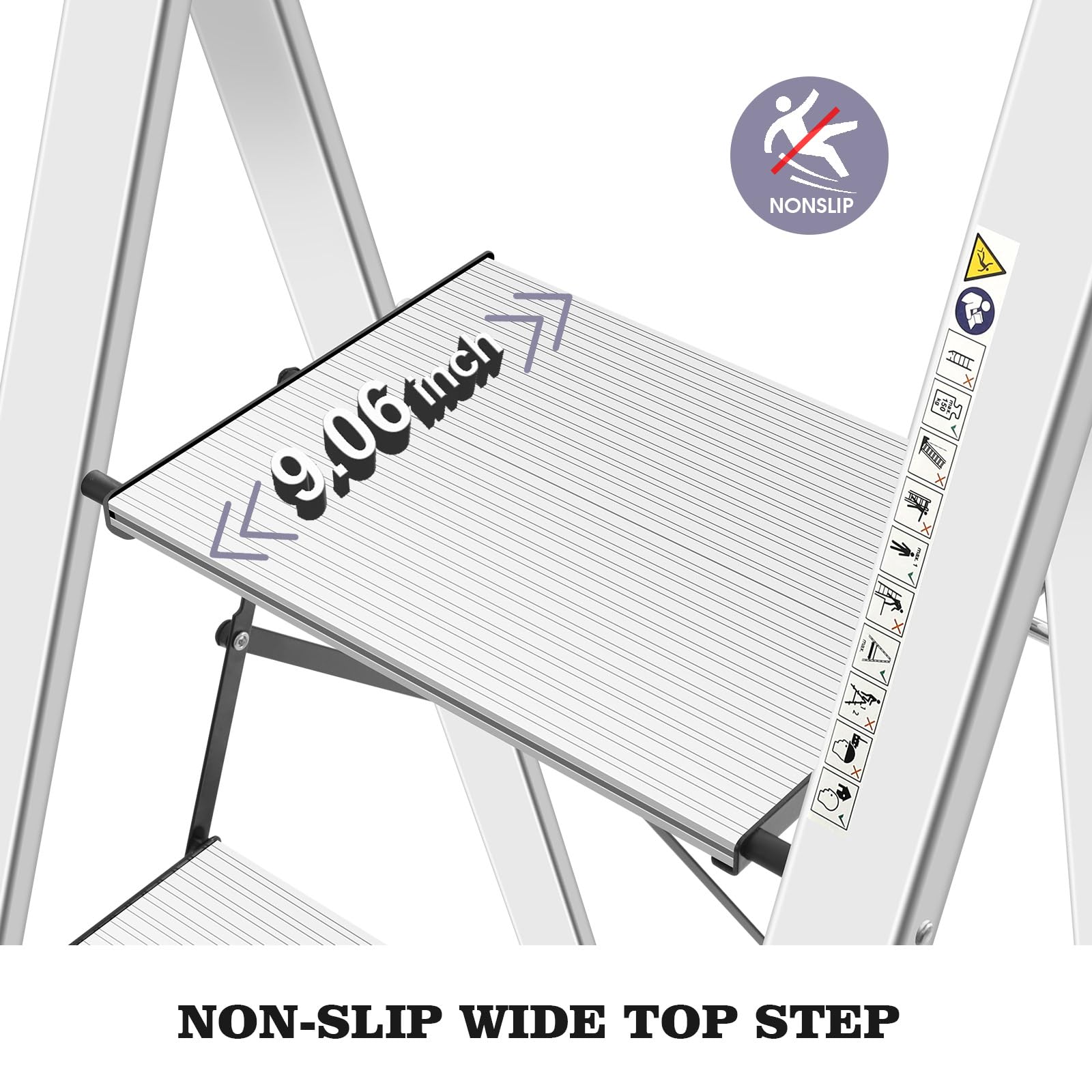 KINGRACK 4-step ladder folded view; slim storage under furniture