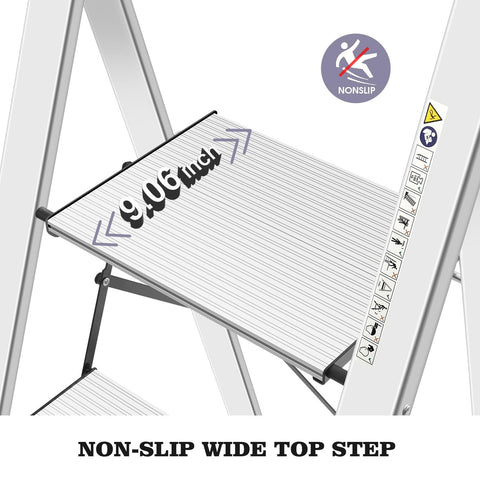 KINGRACK 4-step ladder folded view; slim storage under furniture