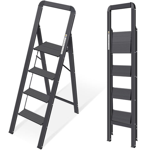 KINGRACK aluminium 4-step ladder folded for compact storage in tight spaces.