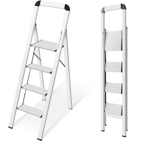 KINGRACK 4-step ladder front view; lightweight and durable for easy reach