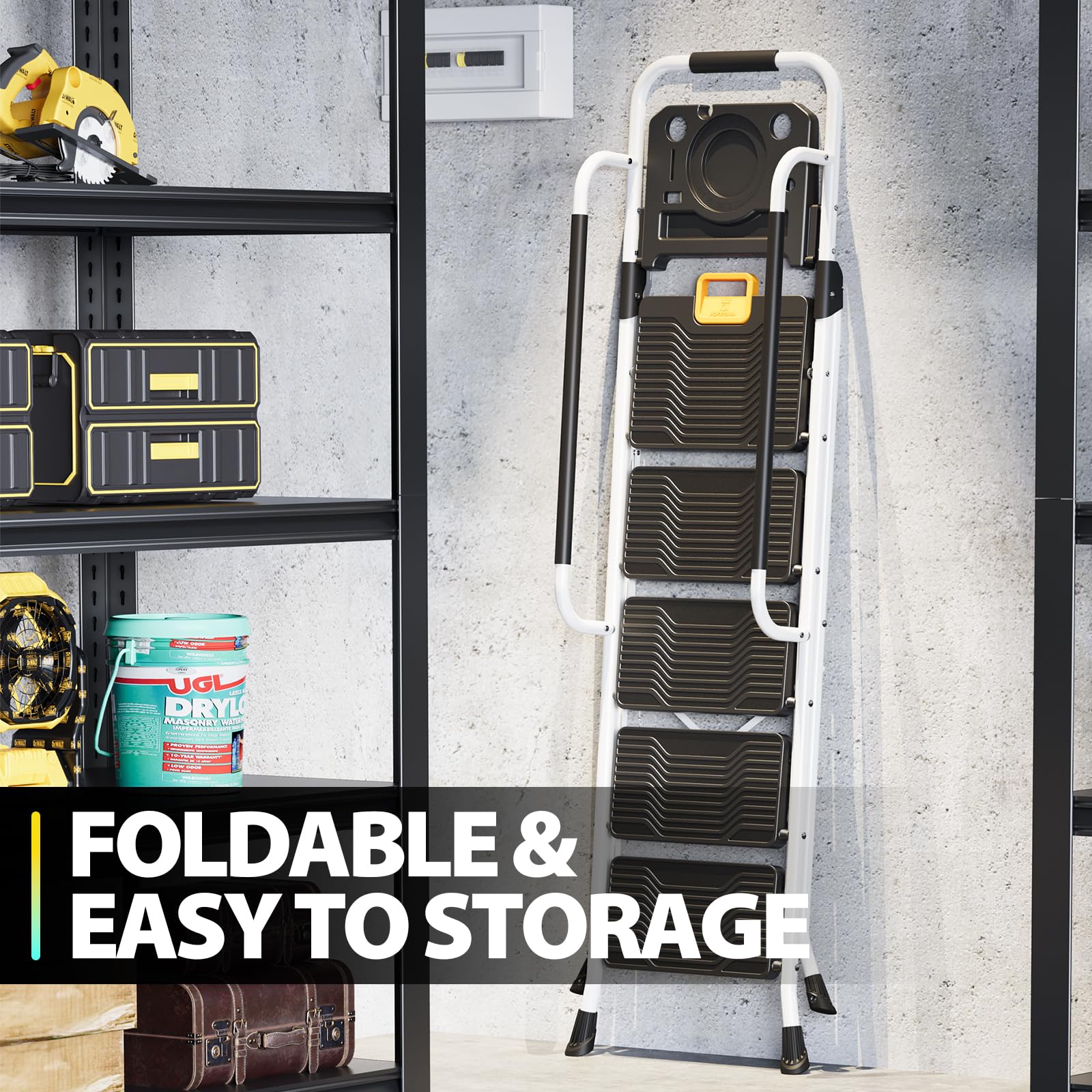 KINGRACK compact folding ladder stored neatly in a garage or closet