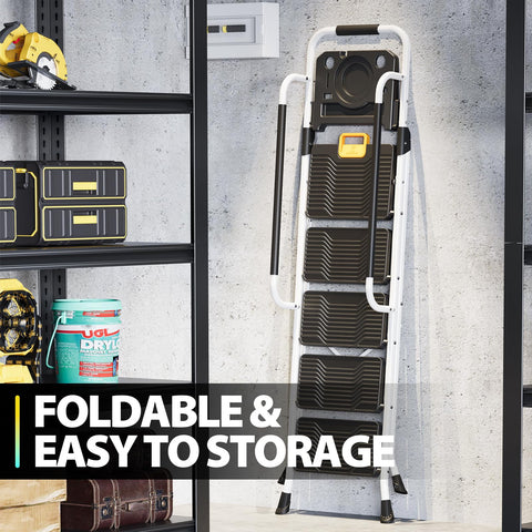 KINGRACK compact folding ladder stored neatly in a garage or closet
