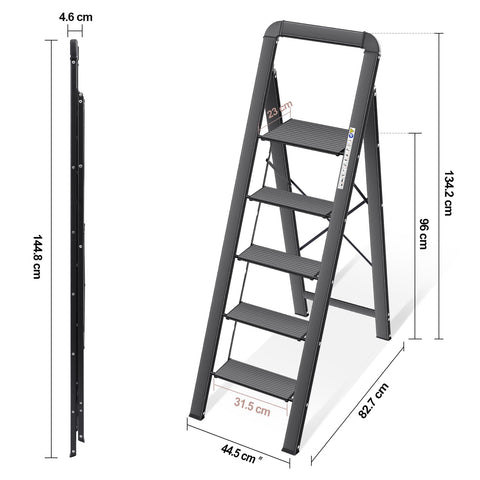 KINGRACK ladder in kitchen setting demonstrates versatile cleaning and organizing use