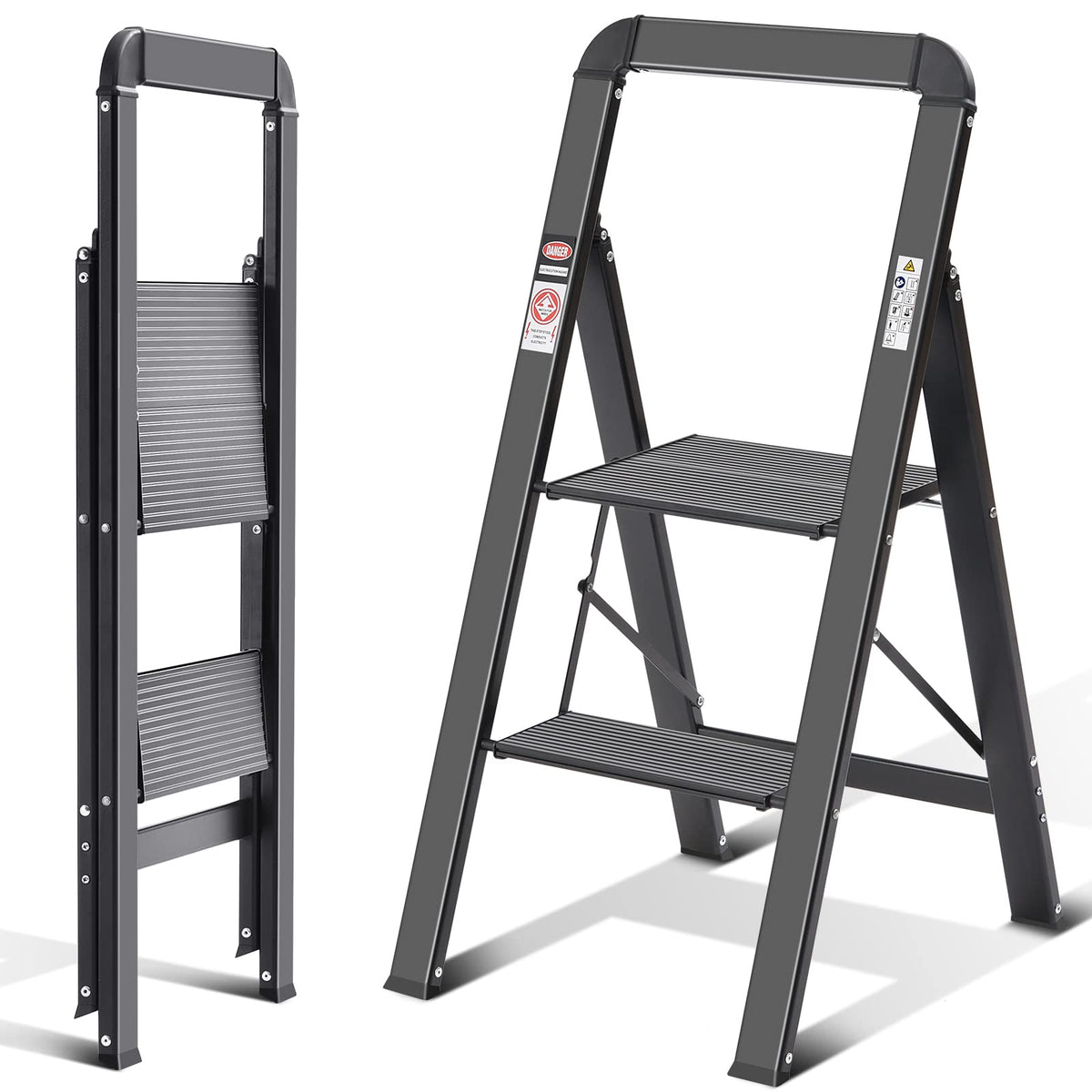 KINGRACK 2-step ladder with handrail for easy reaching high shelves.