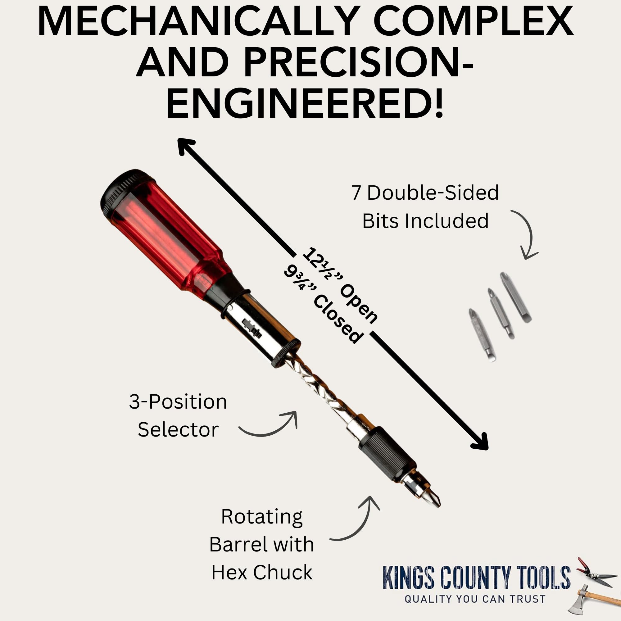 Kings County Tools Yankee Style Screwdriver with 7 double-sided bits for varied fasteners