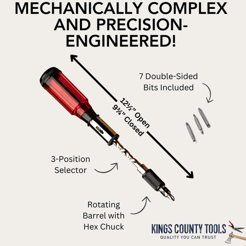 Kings County Tools Yankee Style Screwdriver with 7 double-sided bits for varied fasteners