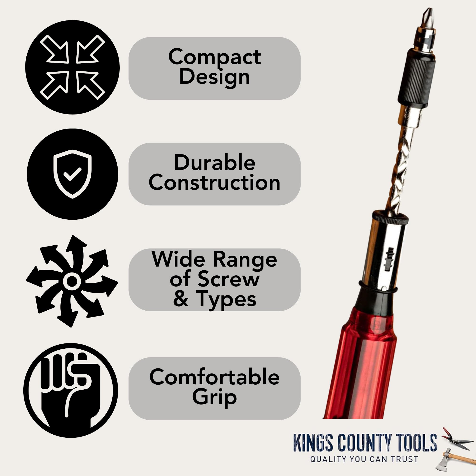 Kings County Tools Screwdriver showing hex chuck and bit storage access for versatile projects