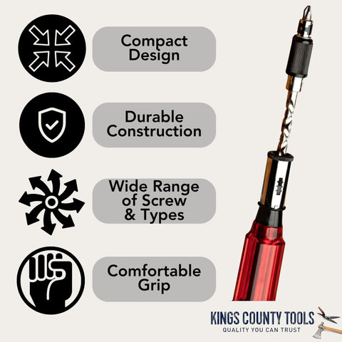 Kings County Tools Screwdriver showing hex chuck and bit storage access for versatile projects