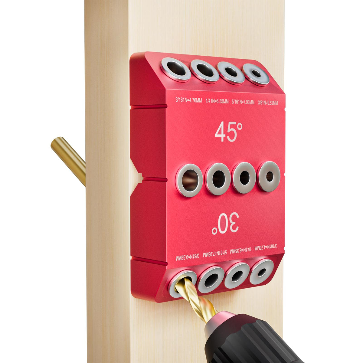 Kingson 30-45-90 angled drill guide in use for precise railing post drilling